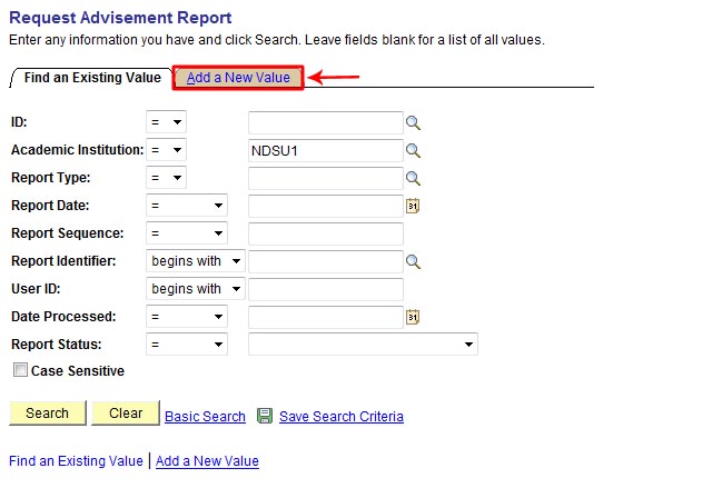 Request Advisement Report screen with Add a New Value tab highlighted.