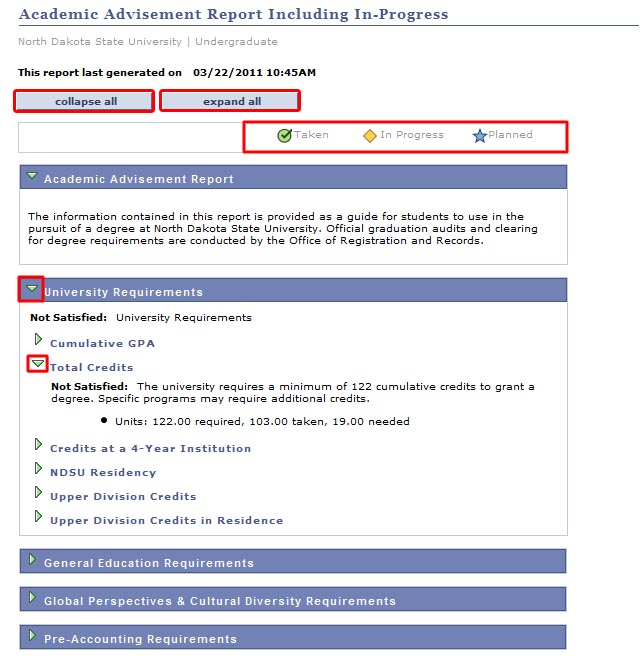 Academic Advisement Report screen with navigation buttons and icon legend highlighted.