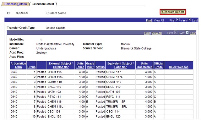 View of Selection Result screen with Generate Report button highlighted.