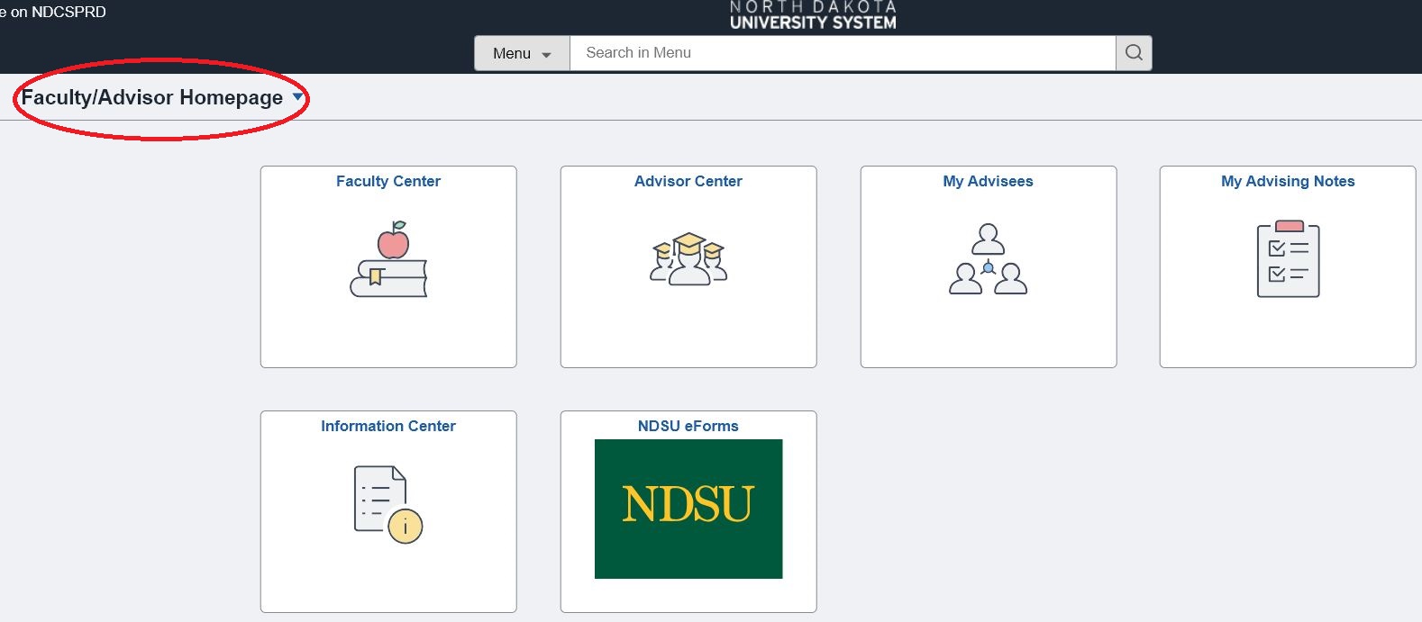 Faculty/Advisor Homepage in Campus Connection with drop-down selector highlighted.