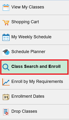 Manage Classes navigation menu with Class Search and Enroll option highlighted.