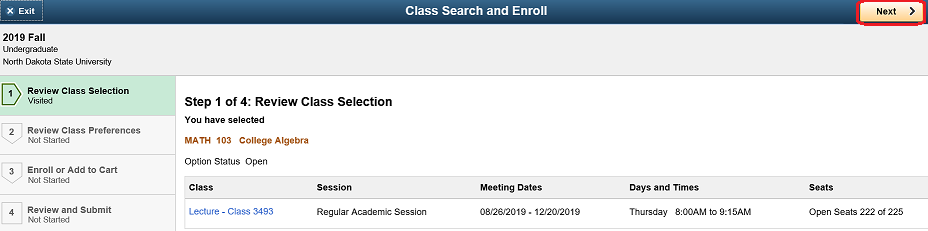Review Class Selection screen with Next button highlighted.