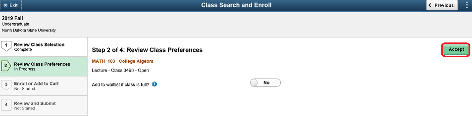 Review Class Preferences screen with Accept button highlighted.