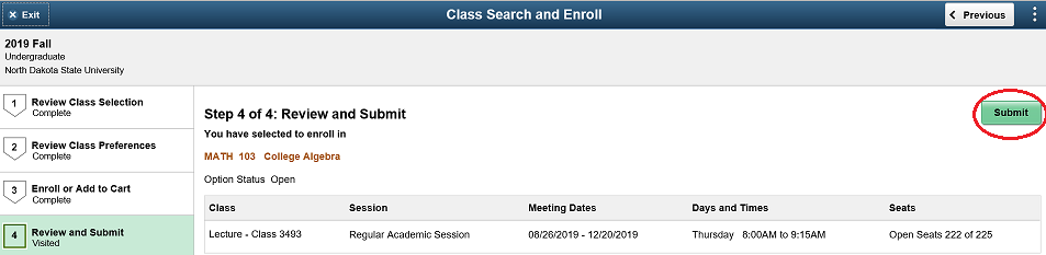 Review and Submit screen with Submit button highlighted.