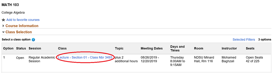Class Selection search results with link in Class column highlighted.