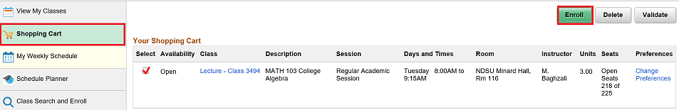 Shopping Cart screen with Enroll button highlighted.