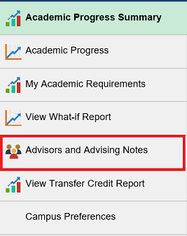 Screenshot of navigation menu with 'Advisors and Advising Notes' highlighted.