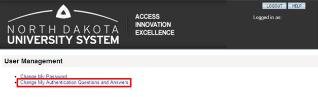NDUS Identity Manager screen with Change My Authentication Questions and Answers link highlighted.