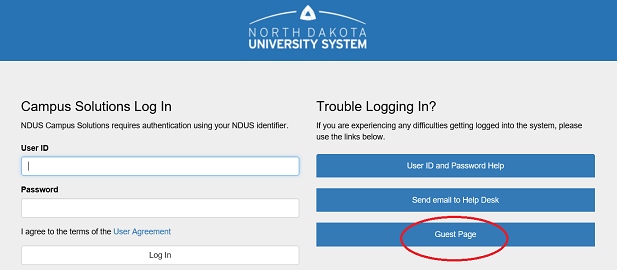 Campus Connection login screen with Guest Page button highlighte.