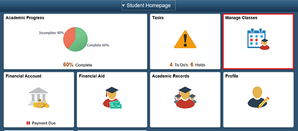 Campus Connection home screen with Manage Classes tile highlighted.