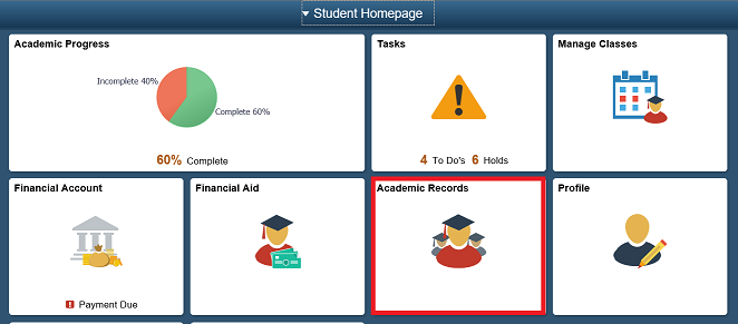 Campus Connection home screen with Academic Records tile highlighted.