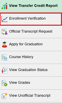 Academic Records screen navigation menu with Enrollment Verification option highlighted.