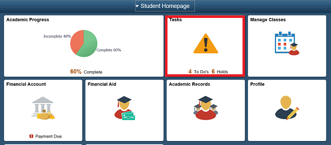 Campus Connection home screen with Tasks tile highlighted.