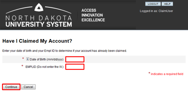 Have I Claimed My Account screen with Date of Birth and EMPLID fields highlighted.