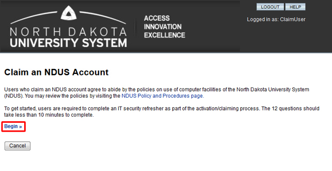 Claim an NDUS Account screen with Begin link highlighted.