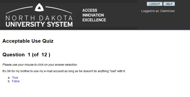 Acceptable Use Quiz screen showing Question 1 as an example.