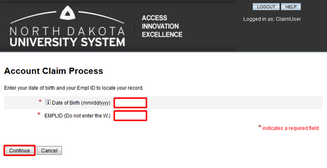 Account Claim Process screen with Date of Birth and EMPLID fields highlighted.