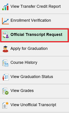 Screenshot of Academic Records page navigation menu with Official Transcript Request highlighted.