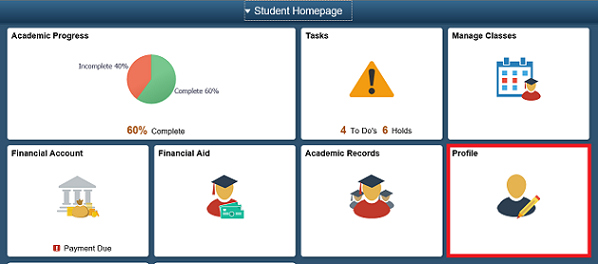 Campus Connection home screen with Profile tile highlighted.