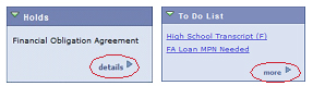 Screenshot of 'Holds' and 'To Do List' sections with links highlighted.