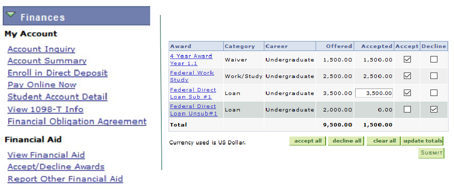 Screenshot of 'Accept/Decline Awards' screen showing checkboxes for accepting or declining your award.