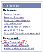 Screenshot of 'Finances' section with 'View Financial Aid' link highlighted.