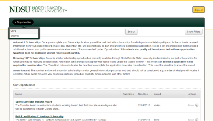 Screenshot of 'External Opportunities' page of Academic Works website.