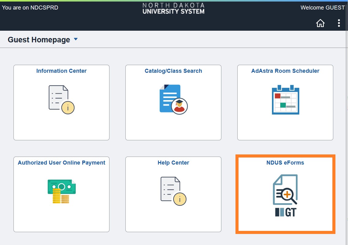 Campus Connection Guest home screen with NDUS eForms tile highlighted.