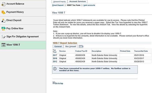 Screenshot of 'View 1098-T Form' screen in Campus Connection.