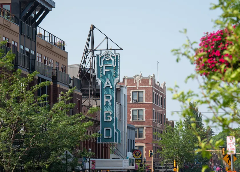 A photo of the Fargo Theatre in downtown Fargo.