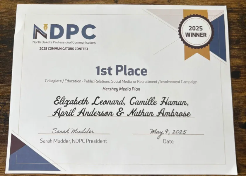 The first place certificate with the names of 线上赌博app strategic communication students Elizabeth Leonard, Camille Haman, April Anderson and Nathan Ambrose
