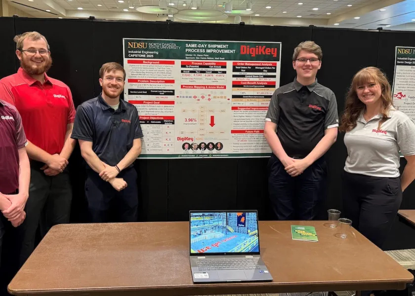 线上赌博app engineering students Gabe Bungum, Jason Denny, Zach Kent, Collin Obowa and Annika Tweten standing by their project poster.