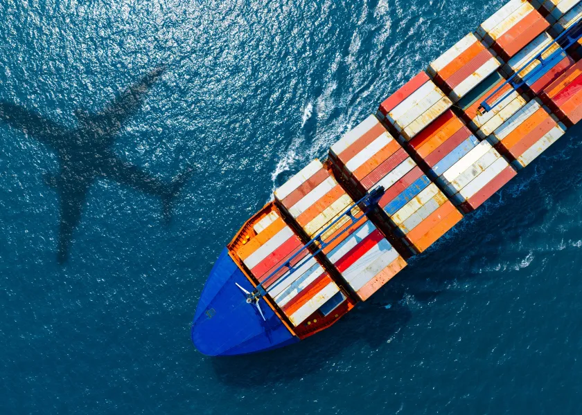 A cargo ship carries containers across the ocean.