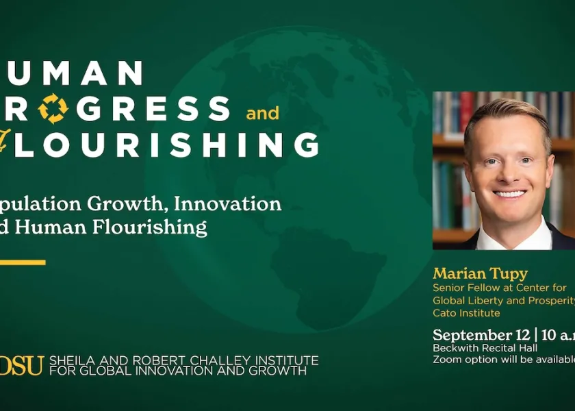 A graphic with Marian Tupy's headshot and information of his upcoming presentation “Population Growth, Innovation, and Human Flourishing.”