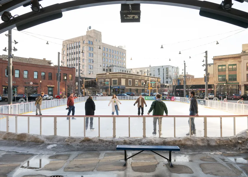 students ice skating in downtown Fargo