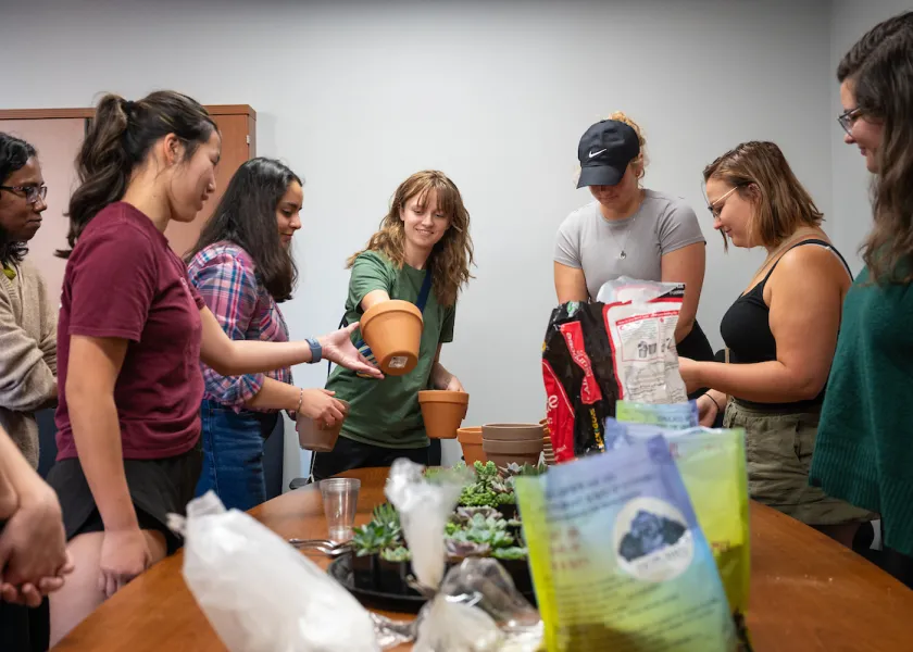 students participating in the Destress in the Dirt event through the Counseling Center