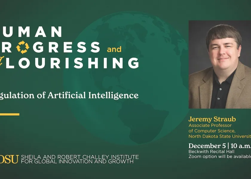 A graphic on Jeremy Straub, a senior fellow at the Sheila and Robert Challey Institute for Global Innovation and Growth and an associate professor of computer science, upcoming presentation.