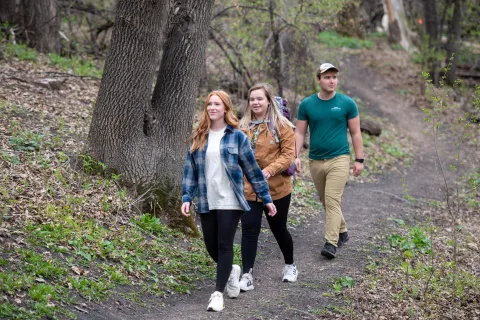 A photo of students walking outside in fall