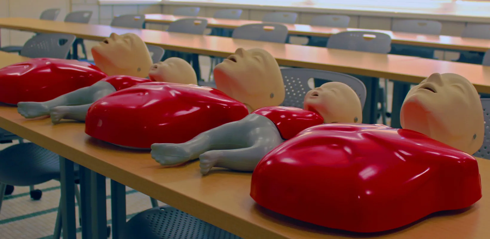 CPR mannequins on tables