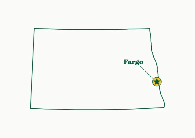 outline of North Dakota with star showing where Fargo is located