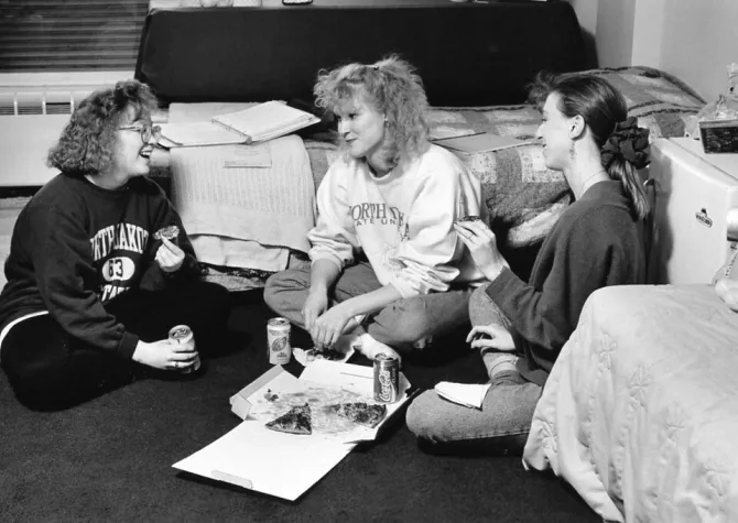 Three Burgum Students sitting in their Dorm Room in 1992