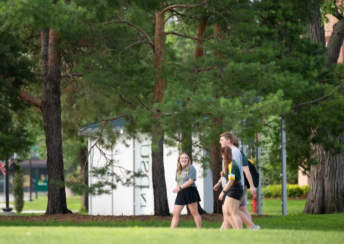 students walking on campus with tall trees and bus stop behind them