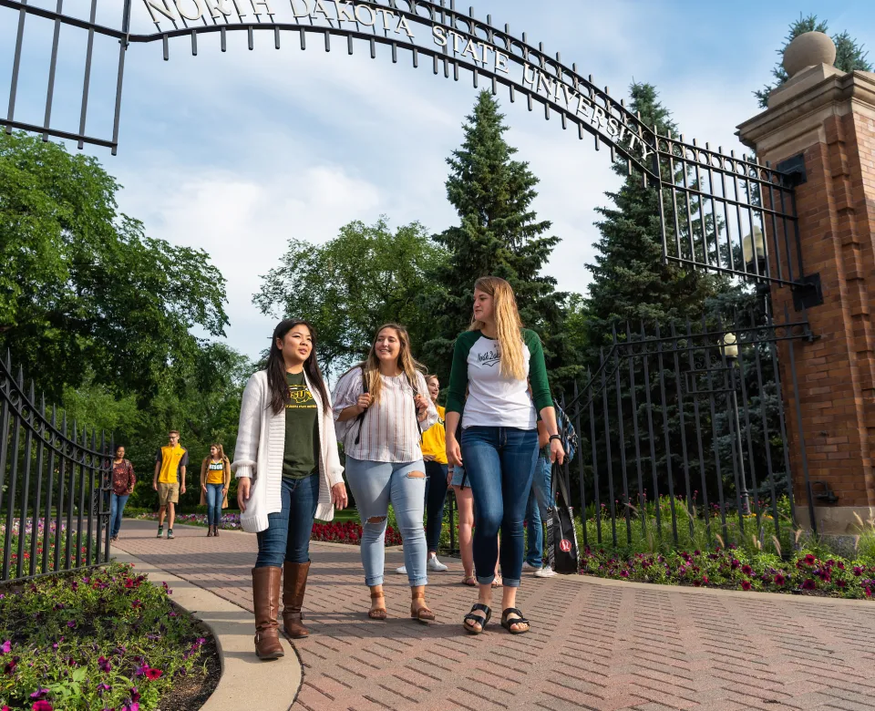 Three students walking through the 线上赌博app gate, all wearing green and gold attire.