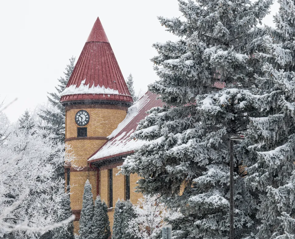 Old Main clock in the winter