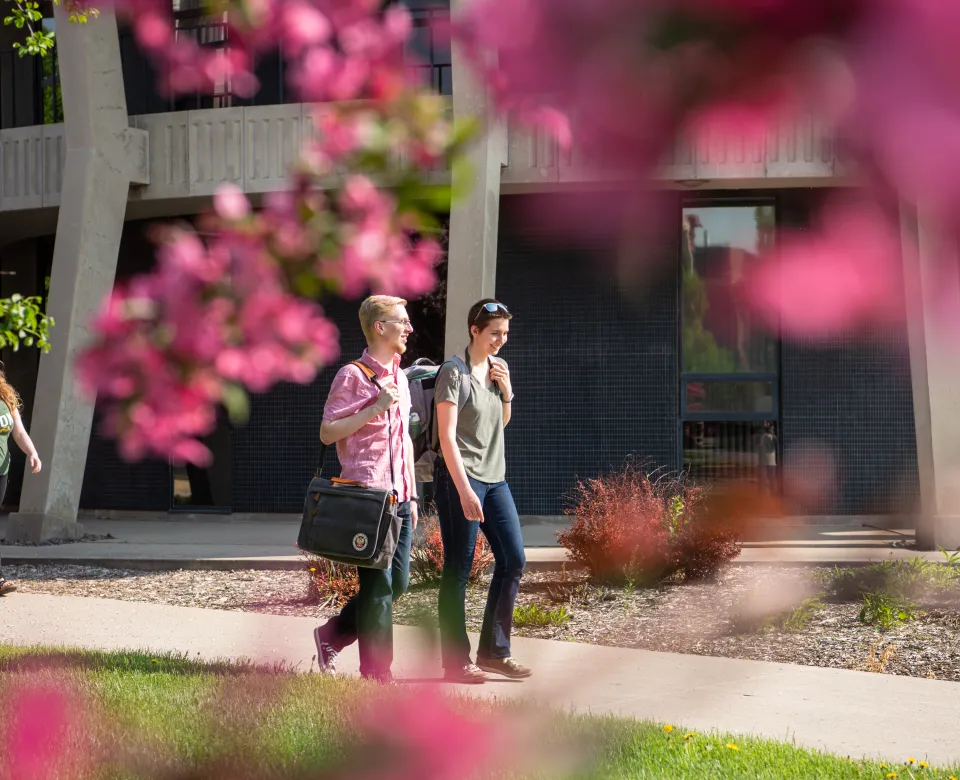 Students wearing backpacks walking on campus on a sunny day.