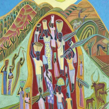 A print featuring african figures and motifs