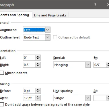 Paragraph settings for entries in prefatory lists.