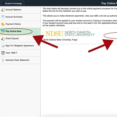 left arrow pointing to the tab to select, right arrow pointing to the area to click on to pay tuition