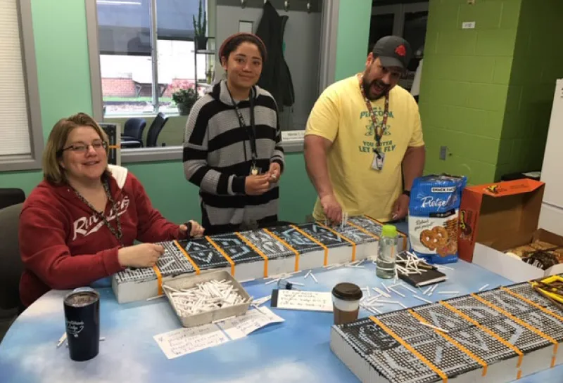 researchers in a laboratory construct structures to study bee larval development