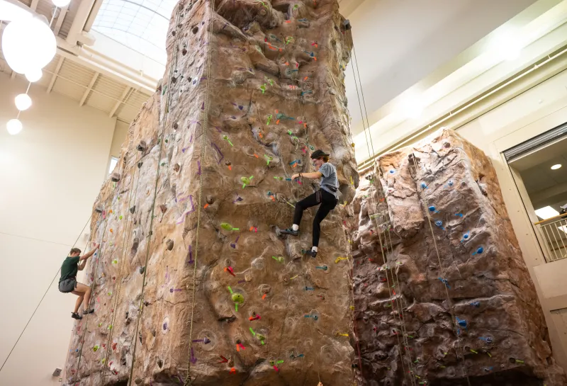 Two male students in harnesses climbing up rock wall in Wellness Center